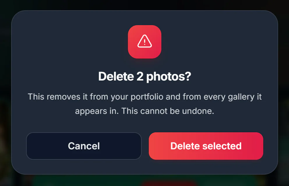 Confirmation window titled Delete 2 photos? with Cancel and Delete selected buttons