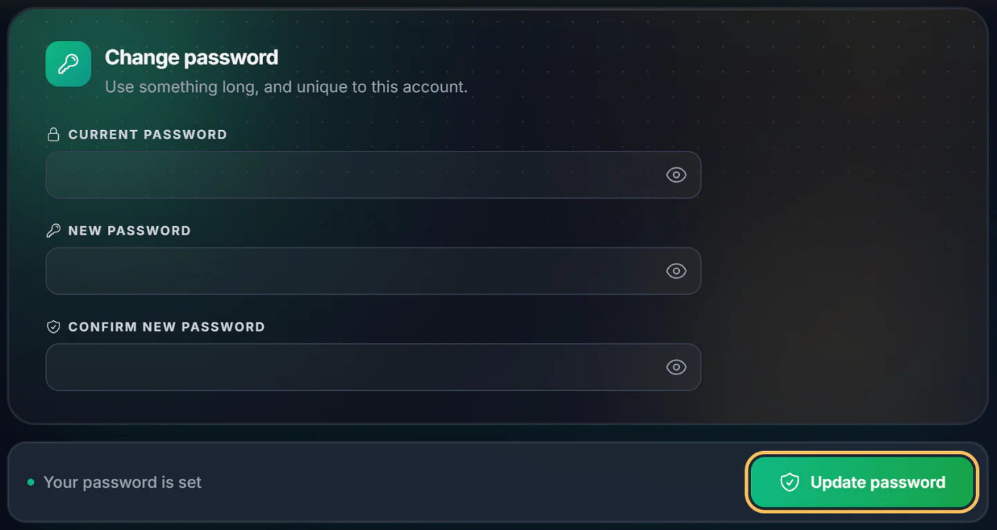 The Change password form with Current password, New password and Confirm new password boxes, and the Update password button highlighted