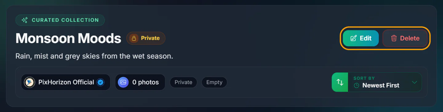The top of a collection page with the Edit and Delete buttons highlighted