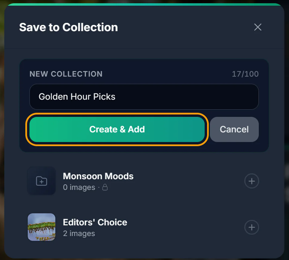 The new collection field filled in with Golden Hour Picks, a 17/100 character counter, and the Create & Add button highlighted