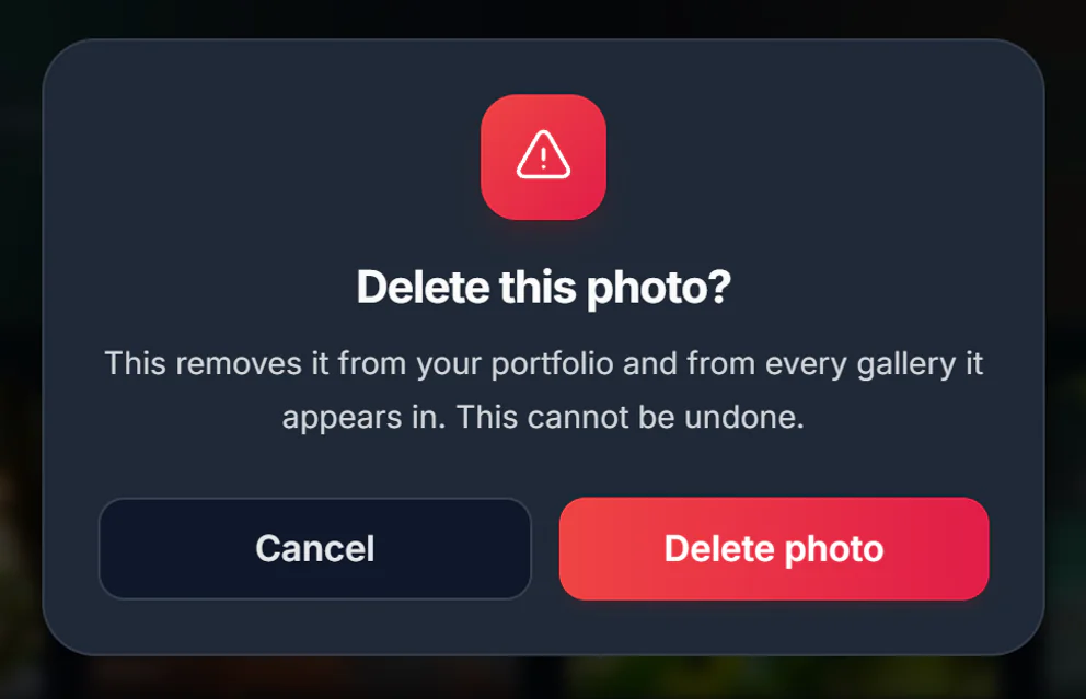 Confirmation window titled Delete this photo? with Cancel and Delete photo buttons
