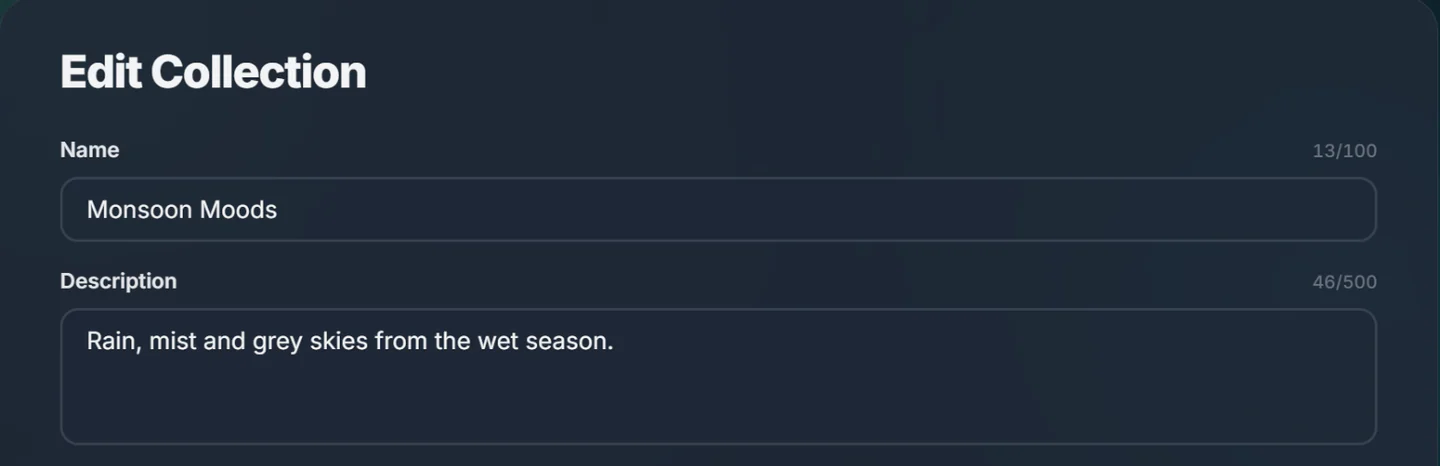 The Edit Collection form showing the Name and Description fields with 13/100 and 46/500 character counters