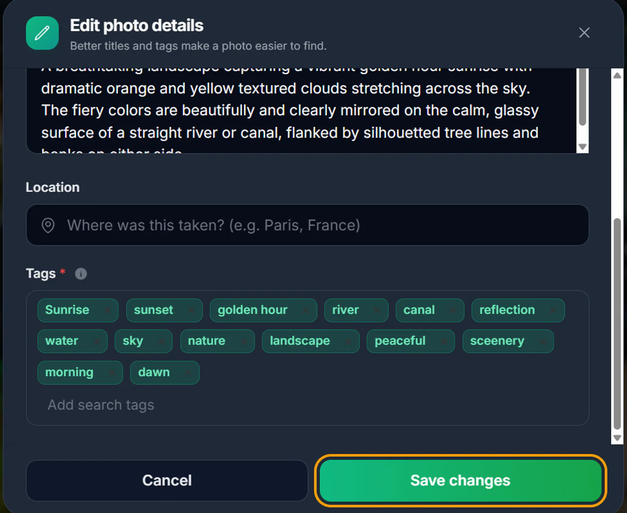 The lower half of the edit window with Location, Tags and the Save changes button highlighted