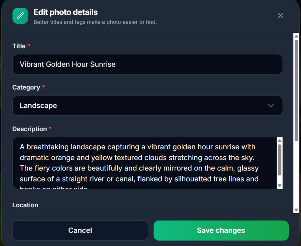 The Edit photo details window showing the Title, Category and Description fields