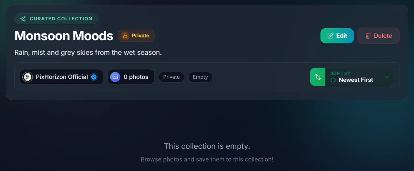A newly created private collection called Monsoon Moods with 0 photos and the message This collection is empty