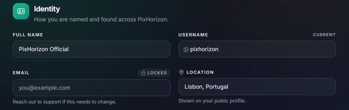 The Identity section with Full name, Username, a locked Email field and Location