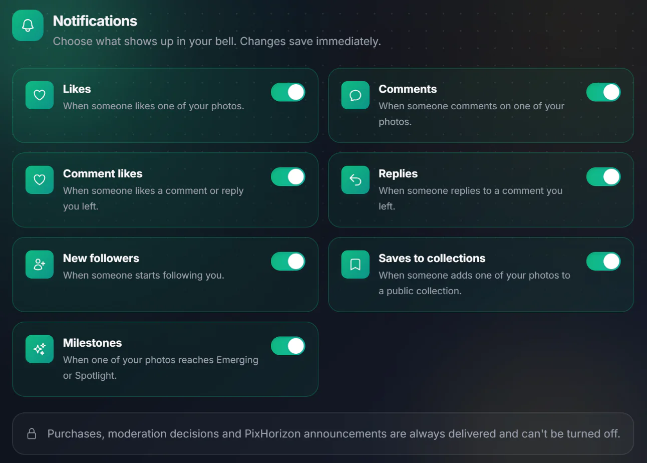 The Notifications tab with seven switches, all turned on, and a note that purchases, moderation decisions and announcements can't be turned off