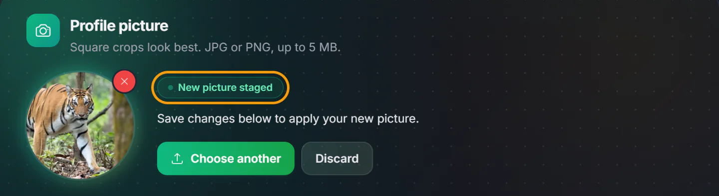 The profile picture section showing the new picture with a New picture staged label, and Choose another and Discard buttons