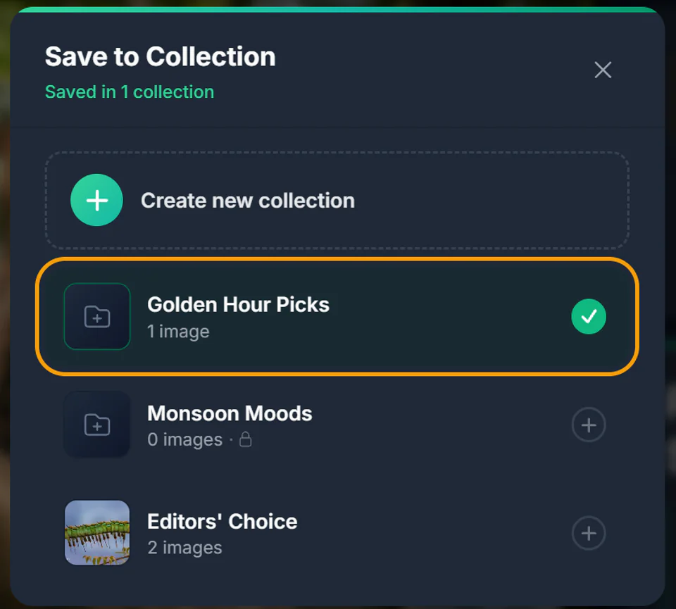 The Save to Collection window showing Golden Hour Picks with a green tick and the text Saved in 1 collection