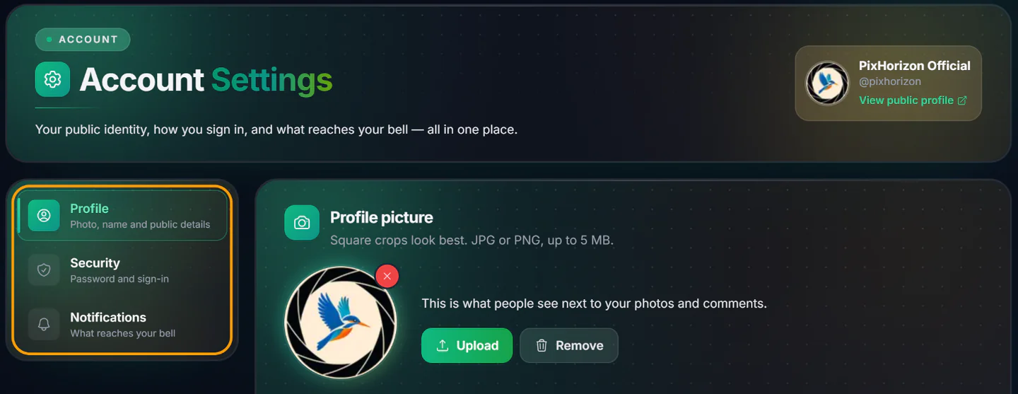 The top of the Settings page, with the Profile, Security and Notifications tabs highlighted on the left