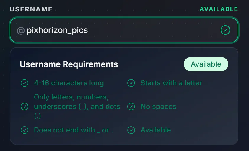 The Username field showing a new username marked Available, with the Username Requirements checklist all ticked